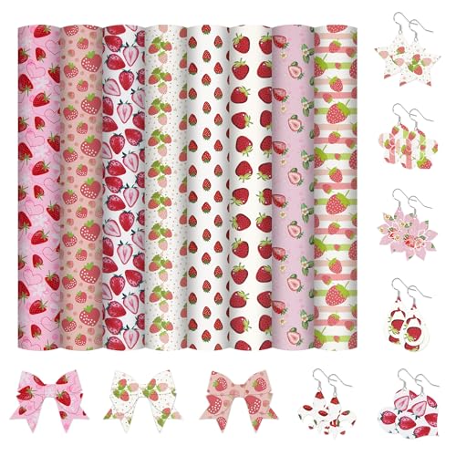 8 Pieces Strawberry Faux Leather Sheets Pink Red Strawberries Synthetic Fabric Fruit Craft Leather Fabric Sheet for Making Strawberry Earrings Sewing Bags Hair Bows DIY Crafts Gift 33 x 20 cm