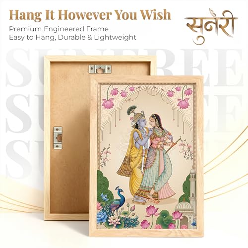Image of Suneree Pichwai Radha Krishna Kamdhenu Cow Wall Art Painting | Set of 2 Framed Paintings | Traditional Indian Decor for Living Room Pooja Room Home | (ART 3, 13x19 INCHES)