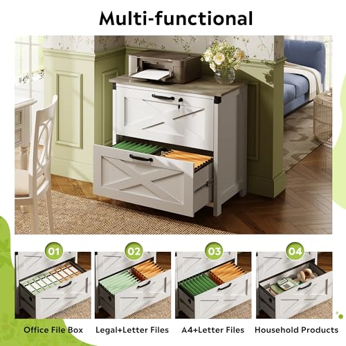 Farmhouse File Cabinet with Lock for Home Office - White