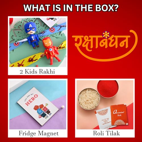 Image of ascension Pack of 2 Kids Cartoon Rakhis for Bhaiya Raksha Bandhan Kids Rakhi Set Rakhis Rakhi with You are My Hero Fridge Magnet & Roli Tilak
