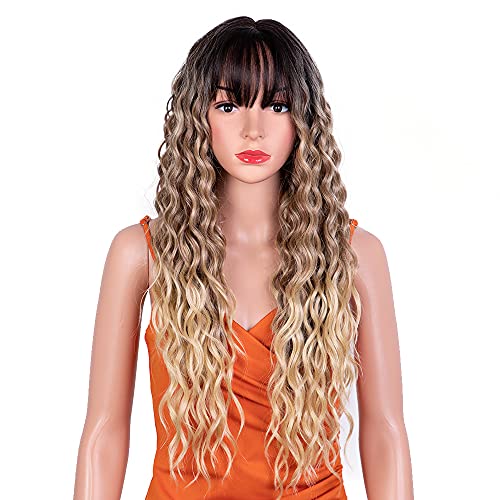 Long Curly Wigs with Bangs 28 Inches Long Wave Synthetic Cosplay Wig for Women Heat Resistant Fiber Natural Looking No Lace Middle Part Cosplay Wigs (Ombre Brown)