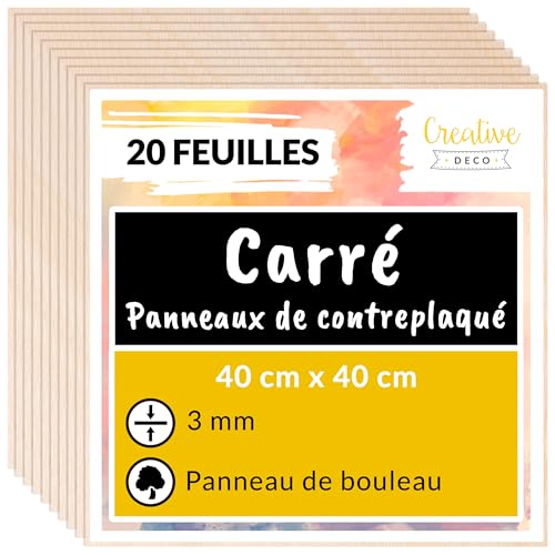 Creative Deco 20 x Contreplaqué 3mm Carré | 400 x 400 x 3mm (+/- 2mm) | Planche Bois Brut Bouleau | Panneau Feuille Découpe Laser | Bois pour Pyrogravure, Gravure,...