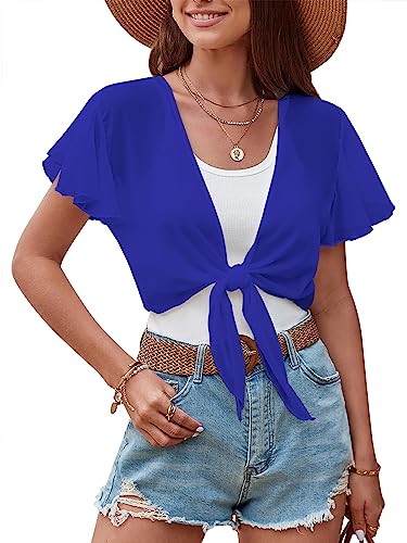 Image of ZAFUL Women's Chiffon Cropped Bolero Sheer Shrugs for Dress Short Sleeve Tie Front Cardigan