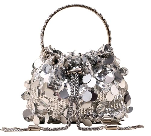 Silver Y2K Sequin Cross Body Bag Women Bucket Tote Purse Top Round Handle Sparkly Shoulder Party Club Evening