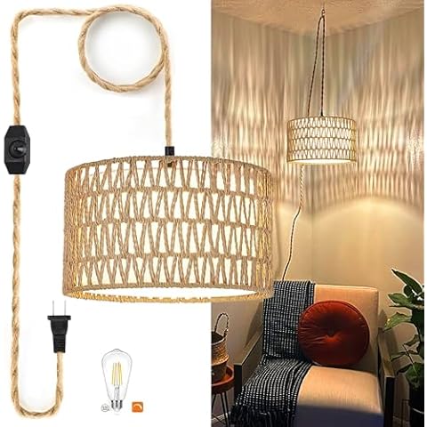 Rattan Plug in Pendant Light with Rattan Woven Lampshade Boho Hanging Lights with Plug in Cord Dimmer Switch Indoor Rustic Wicker Boho Hanging Lamp Plug in for Living Room Bedroom Kitchen Island Cover