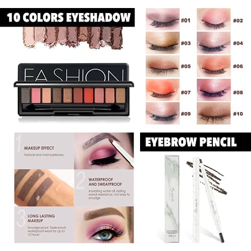 All In One Makeup Kit For Women, 10 Colors Eyeshadow Palette, Bb Cream Foundation, Blush, 5Pcs Makeup Brushes, Eyeliner & Mascara, Eyebrow Pencil, Contour Stick With Cosmetic Bag Teens Makeup Gift Set #TOP1