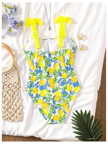 OYOANGLE Girl's One Piece Swimsuit Cute Lemon Print Tie Shoulder Bathing Suits Beachwear3