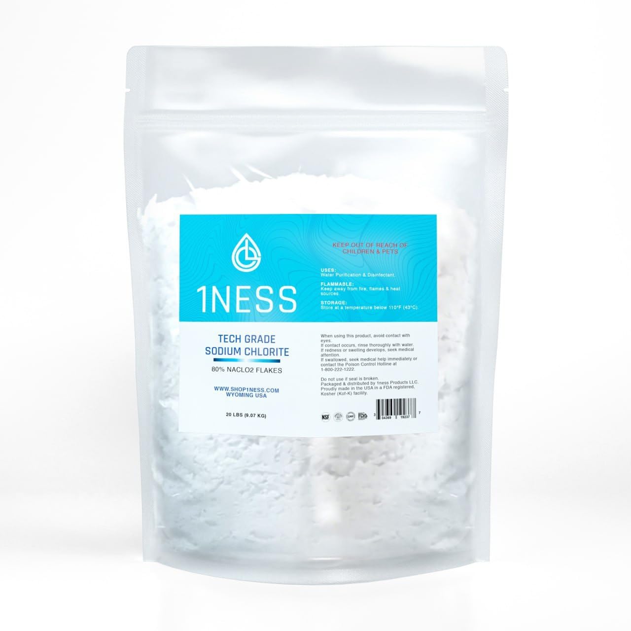 1ness Tech Grade Sodium Chlorite 80% Flakes - Pure & Natural | (20 LBS)