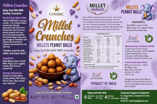 Image of Cosmic Millet Crunches Peanut Balls | Healthy Multi Millet Snack for Kids & Adults | Sweetened with Natural Jaggery | Crunchy Peanut Balls | Rich in Fibre | 80g
