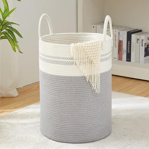 Image of Laundry Basket for Clothes | Cotton Rope Laundry Hamper with Handles | Foldable Woven Storage Basket for Bedroom & Living Room | Clothes, Toys & Blanket Organizer | 38 x 38 x 46 cm