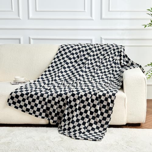 Image of FY FIBER HOUSE Checkered Flannel Fleece Throw Blanket Soft Cozy Checkerboard Grid Print Chessboard Gingham Pattern Blankets for Bed Couch Sofa, 50"x60", Black Grey