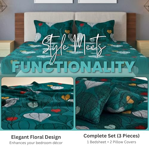 Image of BBSPED Innovation King Size Double Bed Bedsheet Set Leaf Print, Glace Cotton, 2 Pillow Covers, 90x100 (Green, Leaf Print)