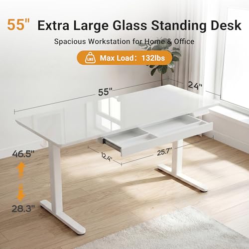 Image of YDN Glass Standing Desk with Drawer, 55 x 24 Inches Electric Adjustable Height Desk, Sit Stand Home Office Desk with Tempered Glass Top, 4 Memory Presets Ergonomic Computer Desk, Super White