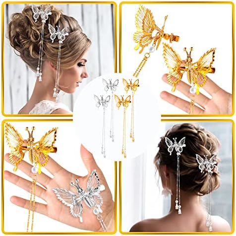 Sibba 4 Pcs Butterfly Hair Clips Pins, Alloy Glitter Barrettes Tassel 3D Moving Butterfly Hairpins French Side Hollow Metal Cute Clip for Women Girls Wedding Hair Fashion Accessories (Gold + Silver)