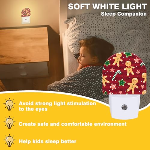 Image of Candy and Star Night Lights Plug into Wall Christmas Red Gingerbread Night Light Dusk to Dawn Smart Sensor Decorative Round Led Lamp for Bedroom Kitchen Hallway Nightlight for Women Men