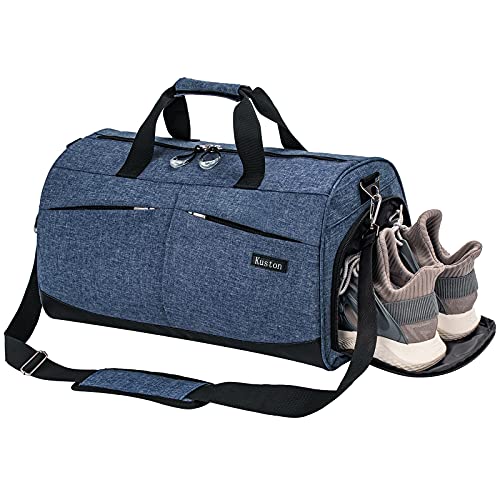 Kuston Sports Gym Bag with Shoes Compartment &Wet Pocket Gym Duffel Bag Overnight Bag for Men and Women (Navy blue)
