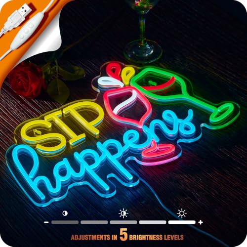 Image of Sip Happens Neon Sign Bar Sign Beer Wine LED Light Alcohol Beverages Decorx