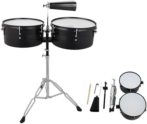 Miniatura 9 de Lykos Percussion - Juego de batería Timbales de 13 y 14 pulgadas con soporte y cencerro (dorado)