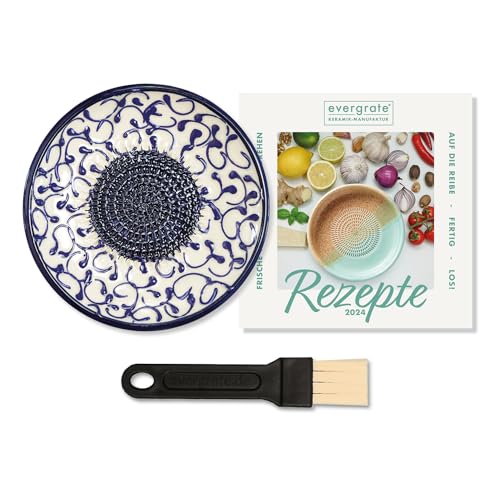 evergrate Keramikreibe im Motiv Celia mit Küchenpinsel und Rezeptheft