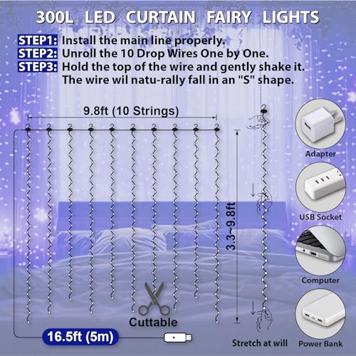 image for HXWEIYE 300LED Fairy Curtain Lights, 9.8x9.8Ft USB Plug-in 8 Modes Chr