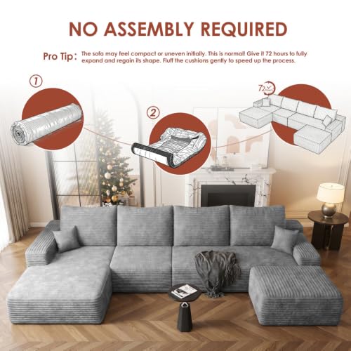 Image of Boneless Couch, Modular Sectional Couches for Living Room, U-Shaped Cloud Couch Sofa with Deep Seat, Fluffy Corduroy Upholstered Corner Sofa