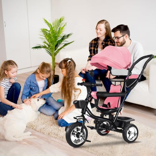 Triciclo Evolutivo Bebé 5 en 1 de 9 Meses a 5 Años, Triciclo Infantil de 9 Meses hasta 25 kg, con Mango de Empuje Ajustable en Altura, Bicicleta para niños,4 en 1 - Rosa