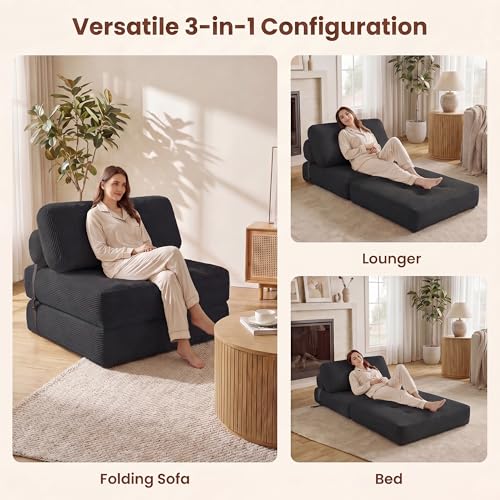 Image of COSTWAY Folding Sofa Bed with Pillow, Convertible Couch (Black) | with Backrest & Fixing Straps, Boneless Convertible Sleeper Chair for Adults, Guest Use, Living Room