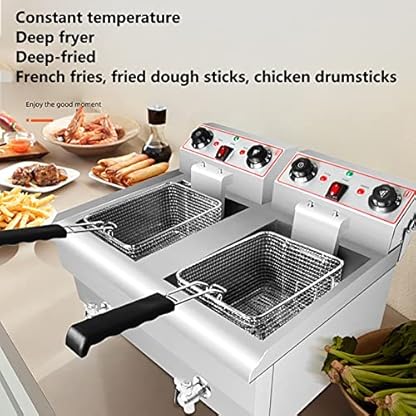 Fritteuse Doppelte 8L Fritteuse Einstellbare Temperatur Bis Zu 200ºC & 60-Minuten-Zeitschaltuhr Abnehmbarer Korb Aus Edelstahl Ölablass-Technologie Spülmaschinenfest 3000W (Color : Double cylinder) – Bild 3
