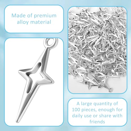 Image of Mabor 100 x DIY silver pendants for bracelets, pendants for crafts, silver stars, jewellery making, small hollow four-pointed star pendant, metal jewellery, craft, bracelet, earrings, necklace