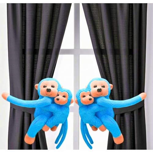 Image of Tickles 2 Pcs Monkey Mother Baby Soft Plush Toy Curtain Tiebacks Holder Clip for Children Living Room Decoration Accessories Window Curtain Decoration (Size: 30 cm Color: Sky Blue)