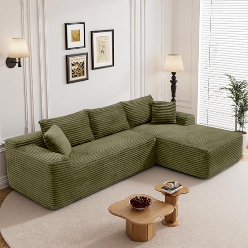 Image of 95 inch L Shaped Boneless Sectional Couches, Wide Armrest, Deep Seat, Memory Foam, Assembly Free, Modern Comfy Corduroy Fluffy Cloud Sofa with Right Chaise for Living Room, Small Spaces, Green