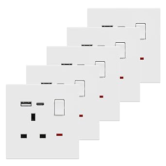 BSEED Single Socket with USB C 5 Pack, Electrical Single Switched Power Plug Wall Socket with LED Indicator, PC Wall Plate Outlet, White, 13A