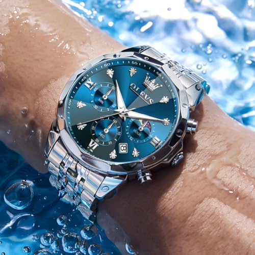Image of OLEVS Watch for Men Luxury Gold Diamond Chronograph Business Wristwatch with Analog Quartz, Date Calendar, Stainless Steel Band, Luminous Hands, Waterproof