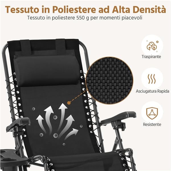 Yaheetech Set di 2 Sedie Sdraio da Giardino Zero Gravity e Tavolino con Portabicchieri, Set Sedie Pieghevoli con Poggiatesta, Portabicchieri, Pedale, Schienale Regolabile, Nero (Nero)