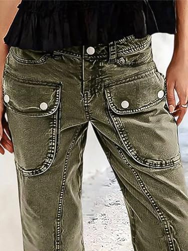 Flamingals Straight Leg Pants for Women Mid Rise Casual Cargo Slim Flap Pockets Solid Cropped Pants2