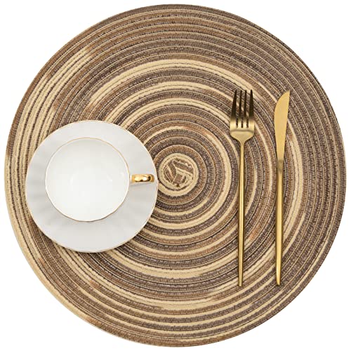 Image of SHACOS Round Placemats Set of 6 Washable 15 inch Variegated Braided Round Place Mats Kitchen Table Mats (Rainbow Brown, 6)