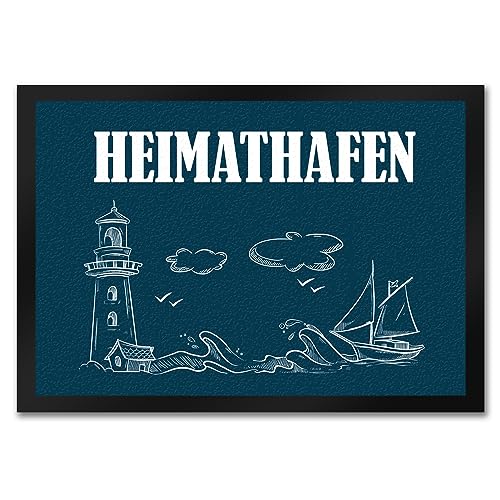 trendaffe - Heimathafen Fußmatte mit weiße Symbole wie Schiff Wellen Leuchtturm weiße Schrift...