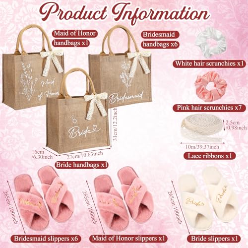 24 Pcs / 8 Sets Bridesmaid Gift Bags Burlap Jute Tote Proposal Bag Including 8 Pairs Bride Bridesmaid Slippers and Scrunchies 1 Lace Ribbon for Bridal Wedding Parties3
