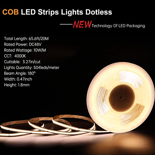 Cob Led Strip Lights 65.6Ft/20M, 4000K White Led Lights Strip, 504Leds/M Dc48V Led Rope Lights, Cri90+ 10Mm Width & 3M Tape Light For Shopping Mall, Hotel, Restaurant (Not Included Power Supply) #TOP3