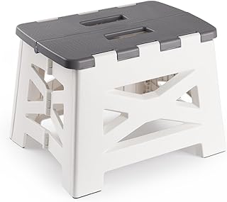 FITYE-KY Non-Slip Folding Step Stools with Handle，Foot Stool with 9 Inch Height - Holds Up to 300 lbs - Lightweight Plastic Foldable Step Stool for Adults and Kids, Kitchen, Bathroom(Grey) - (PCS 1)