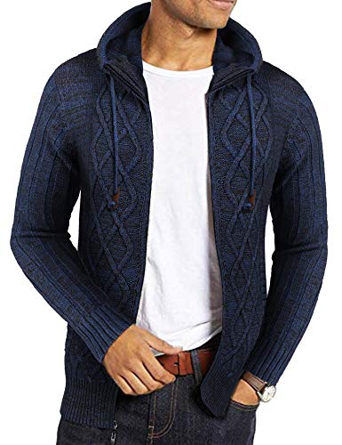 COOFANDY Men's Hooded Cardigan Sweater Knit Zipper Jacket with Geometric Patterns Navy Blue