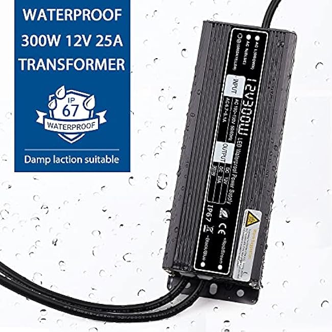SUNVIE 300W LED Driver Low Voltage Transformer, 120V to 12V Constant Voltage Power Supply, Outdoor Landscape Lighting Transformer Waterproof IP67 Power Supply for LED Light and Any 12V DC Devices