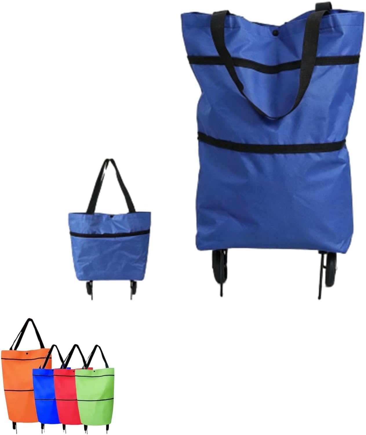 2-in-1 Foldable Shopping Cart with Wheels Waterproof Oxford Fabric Grocery Bag Hand Truck Collapsible Portable Rolling Tote for Supermarket Laundry Travel (Blue)