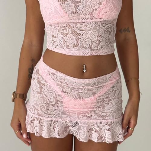 Women's Lace Mini Skirts Casual Low Waist Solid Color See Through Ruffle Skirts Bikini Coverup Skirts4