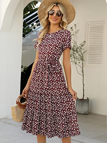 Image of Lyrur Women's Dresses Casual Summer Tiered Midi Dress Short Sleeve Belted Ruffle Babydoll Boho Sundress with Pockets