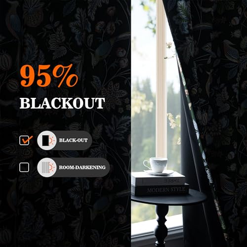 Image of MYSKY HOME Floral Blackout Curtains & Drapes 95 inch Curtains 2 Panel Set for Living Room Bedroom Vintage Farmhouse Thermal Insulated Privacy Protect Curtain with Pattern Bird Printed, 52 inch, Green