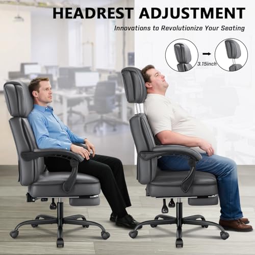 Image of 400lbs Executive Office Chair with Foot Rest for Heavy People, Ergonomic Big and Tall Desk Chair with Adjustable Headrest, High Back PU Leather Comfy Heavy Duty Computer Chair with Spring Cushion