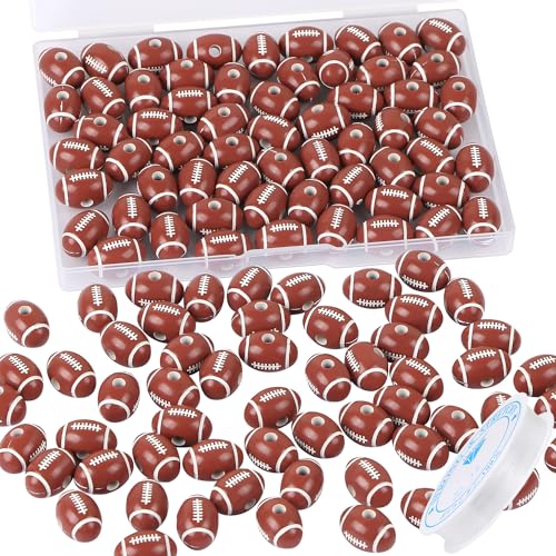 100pcs 18mm Football Beads with 5.5 Yard Elastic Rope Acrylic Sports Beads DIY Spacer for Necklace Bracelet Keychains Handmade Jewelry Making Accessories Craft Supplies(Rugby)