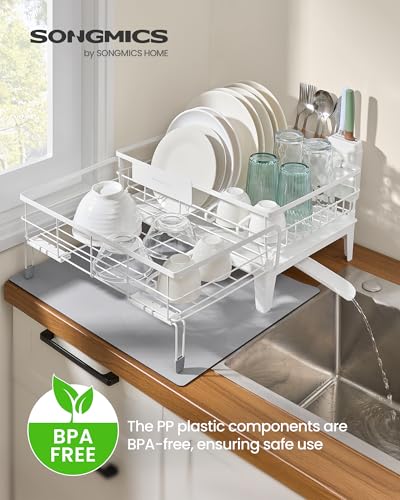 Image of SONGMICS Dish Drying Rack, Kitchen Dish Rack with Drainboard, 360 Rotatable and Extendable Spout, with Cutlery Holder, (12.2-22) x 16.5 x 7.9 Inches, Matte White UKCS552W01