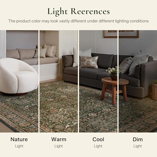 Image of Bavni Washable Rugs 8x10-Machine Washable Rug Lightweight Low Pile, Vintage Floral Rug Non-Shedding Distressed Throw Carpet for Living Room Bedroom Office, Dark Green /Multi
